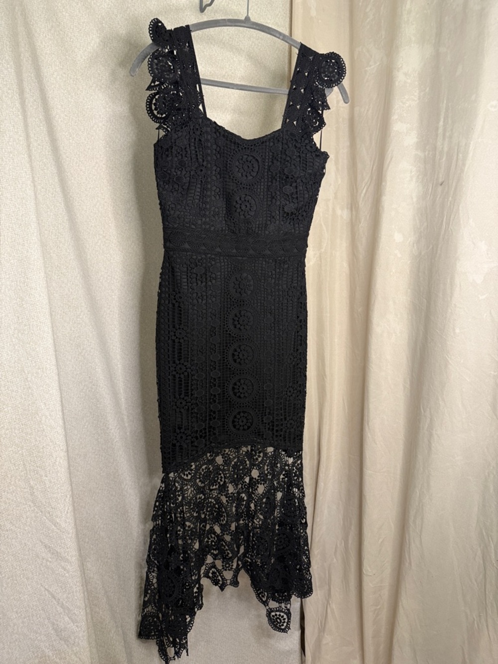 Lena Black Crochet High-Low Dress with Ruffled Lace Hem